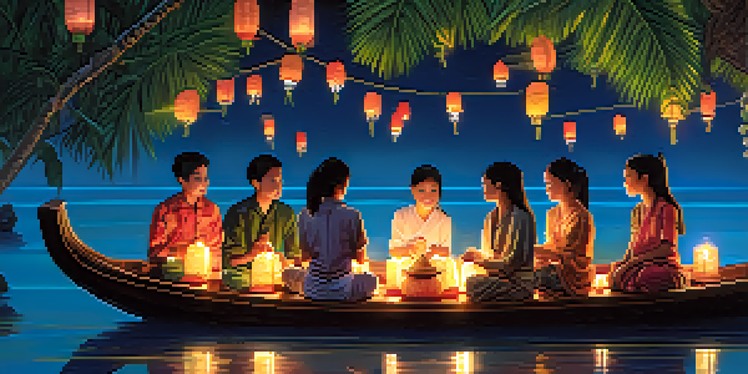 A beautiful night scene of the Loy Krathong festival with floating krathongs on a river illuminated by candlelight and fireworks in the background.