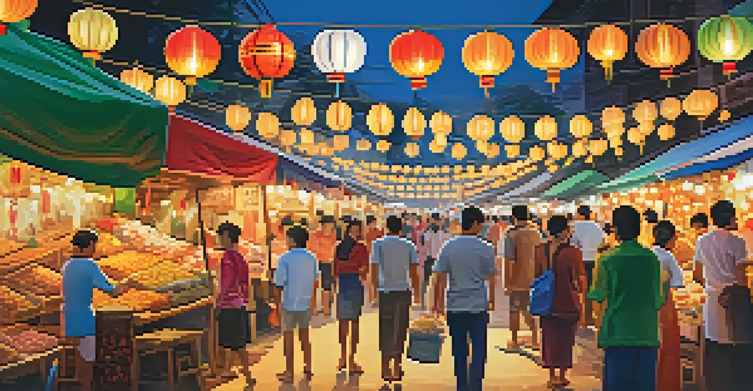 A lively Thai street market with colorful stalls during a festival, filled with people and decorations.