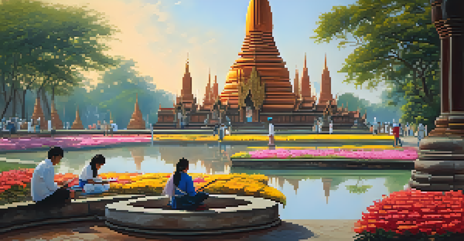 Visitors lighting incense at the main prang of Wat Chaiwatthanaram, creating a serene spiritual atmosphere with sunlight and flowers.