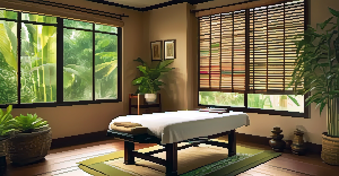 A peaceful Thai massage scene in a spa, with natural light and plants, depicting a therapist stretching a client.