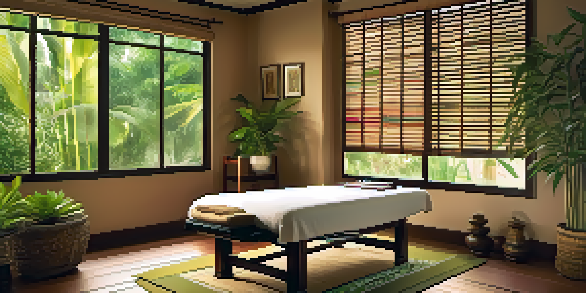 A peaceful Thai massage scene in a spa, with natural light and plants, depicting a therapist stretching a client.