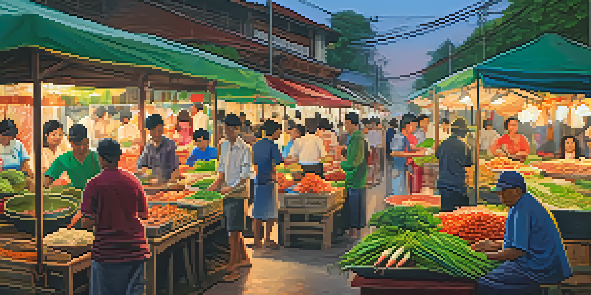 A bustling Thai street market at dusk with colorful stalls featuring fresh produce and traditional dishes, surrounded by people interacting and cooking.