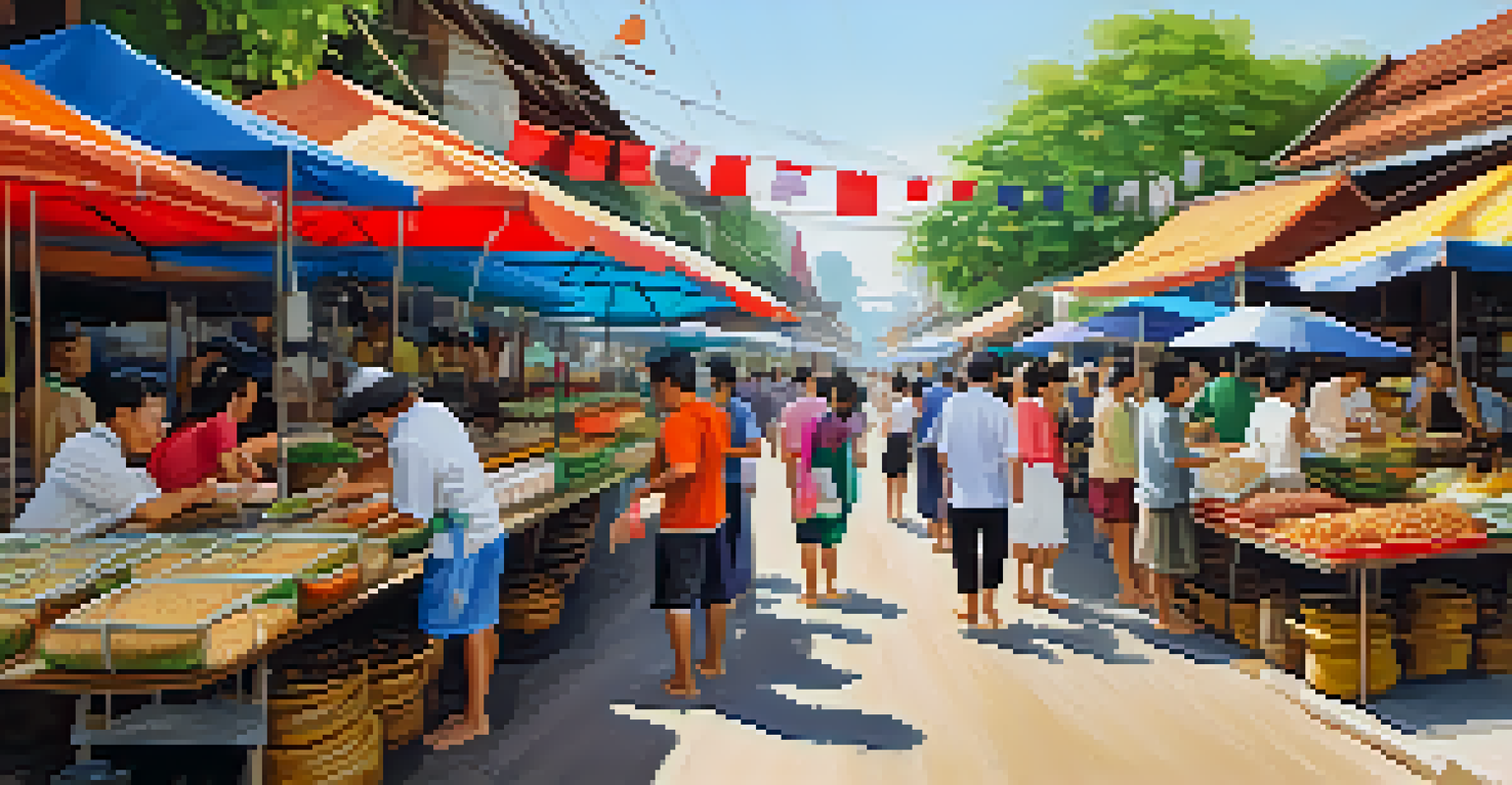 A lively street market in Ayutthaya with vendors offering traditional Thai dishes and colorful food stalls.