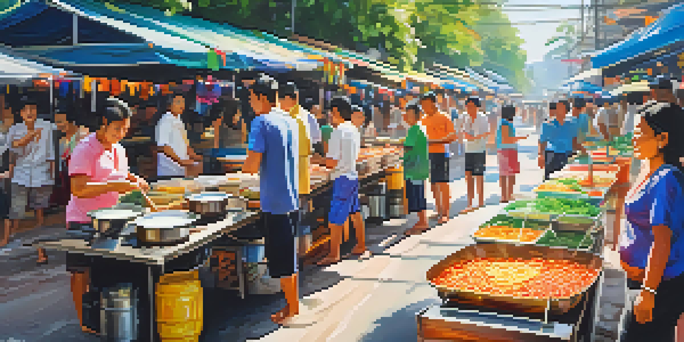 A lively street food festival in Thailand during Songkran, featuring colorful stalls and people enjoying traditional dishes.
