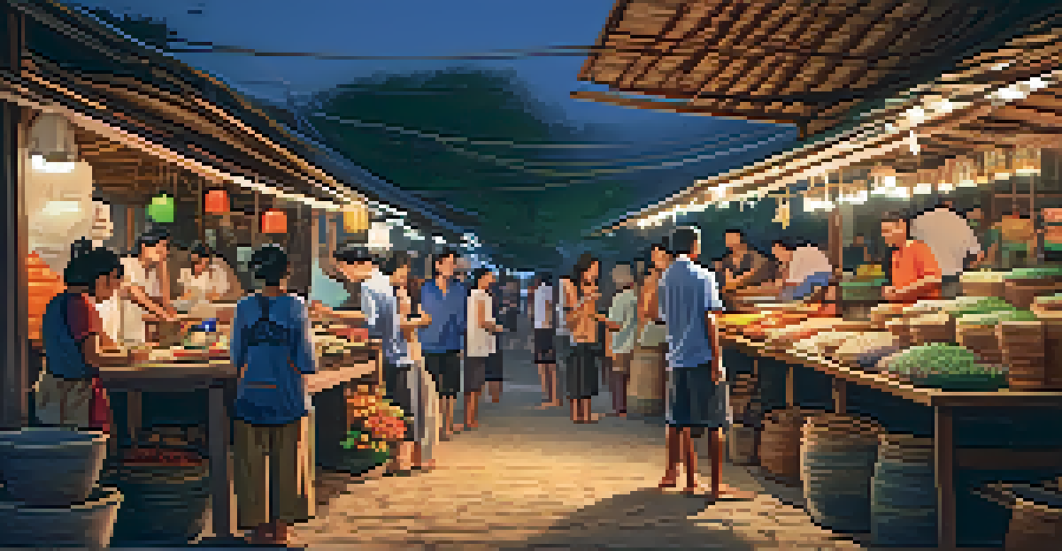An evening market scene in Pai with artisans displaying pottery and jewelry, warm lights, and people enjoying street food.