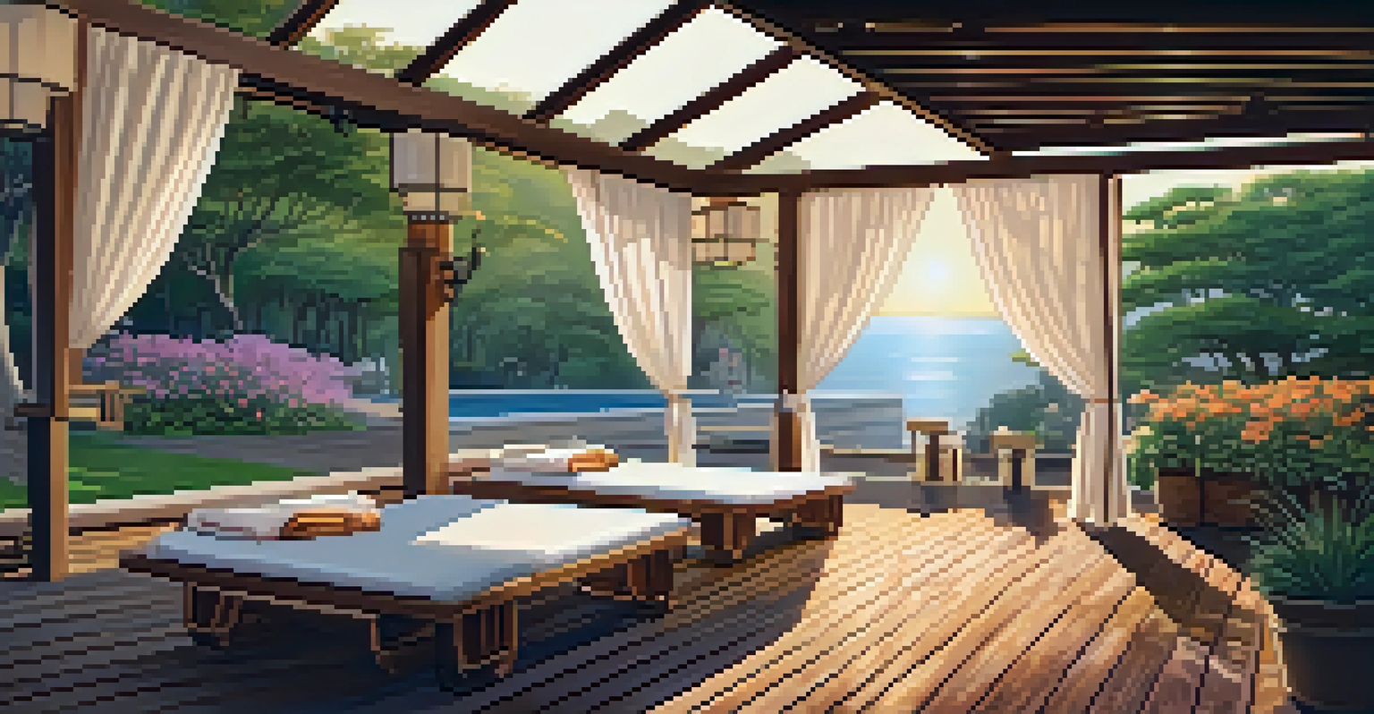 An outdoor spa area with massage tables, surrounded by greenery and a sunset, creating a peaceful environment.