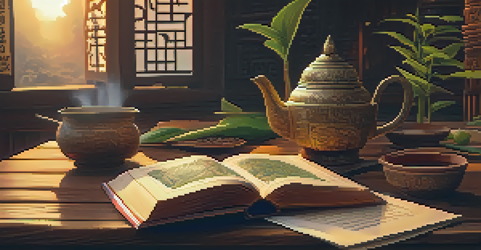 An ancient Thai book with illustrations and script on a wooden table, accompanied by a cup of tea, illuminated by warm sunset light.