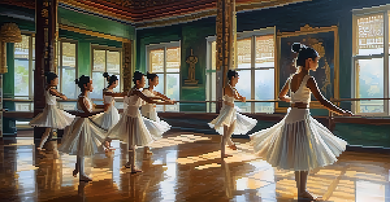 Students practicing traditional Thai dance in a bright dance studio, guided by an instructor.