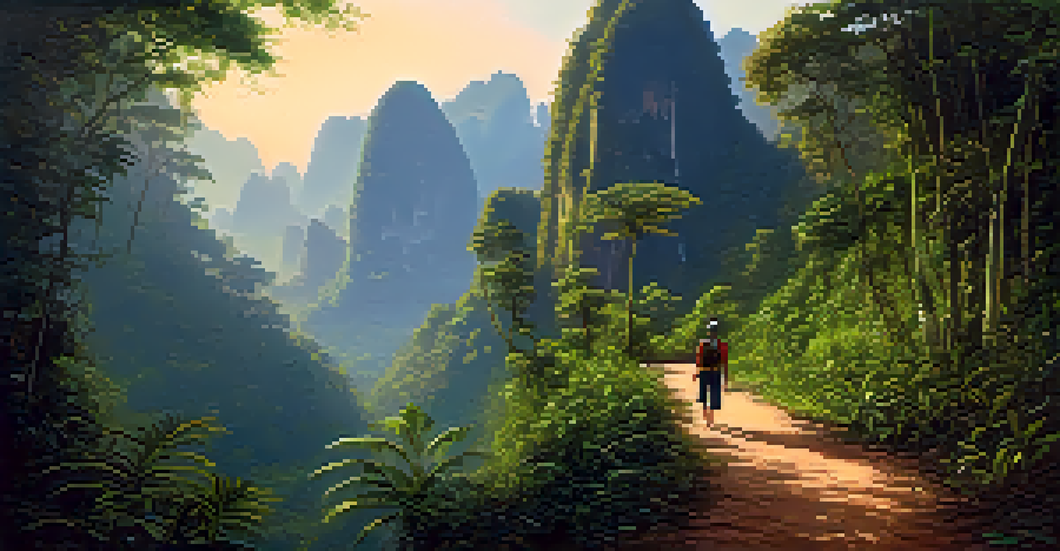 A volunteer walking along a narrow trail in Khao Sok National Park, surrounded by dense jungles and limestone cliffs during the golden hour.