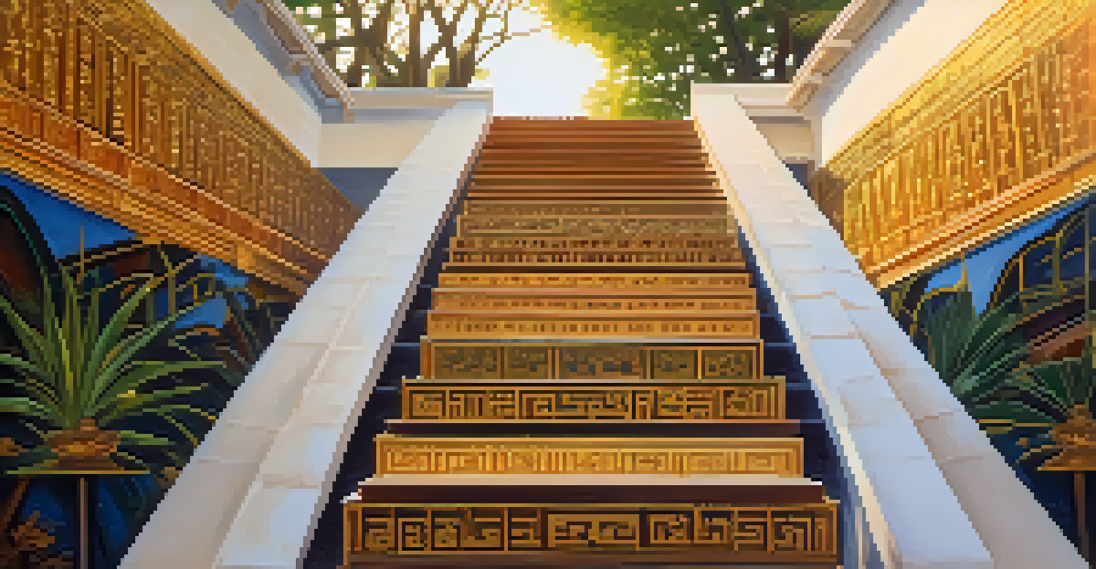 A close-up view of the spiraling staircase at Wat Saket, lined with vibrant murals and statues, illuminated by soft sunlight.
