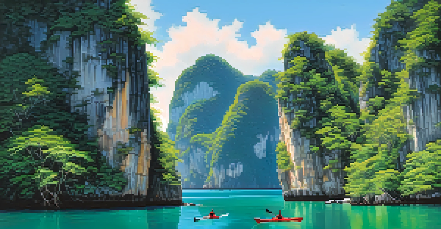 An aerial view of Hong Island's lagoon with emerald waters and lush cliffs.