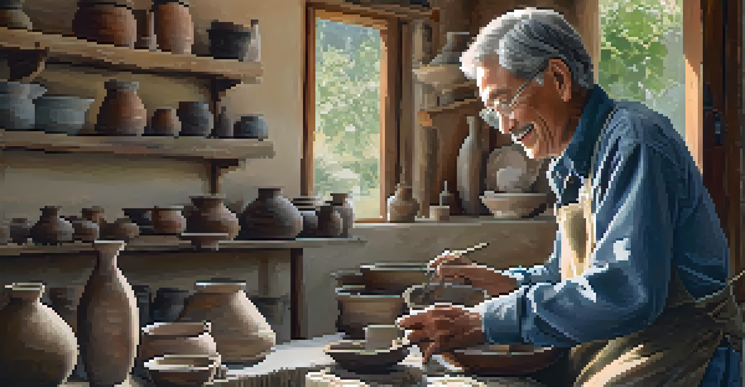 An artisan creating pottery in a cozy workshop, with tools and finished pieces around, illuminated by natural light.