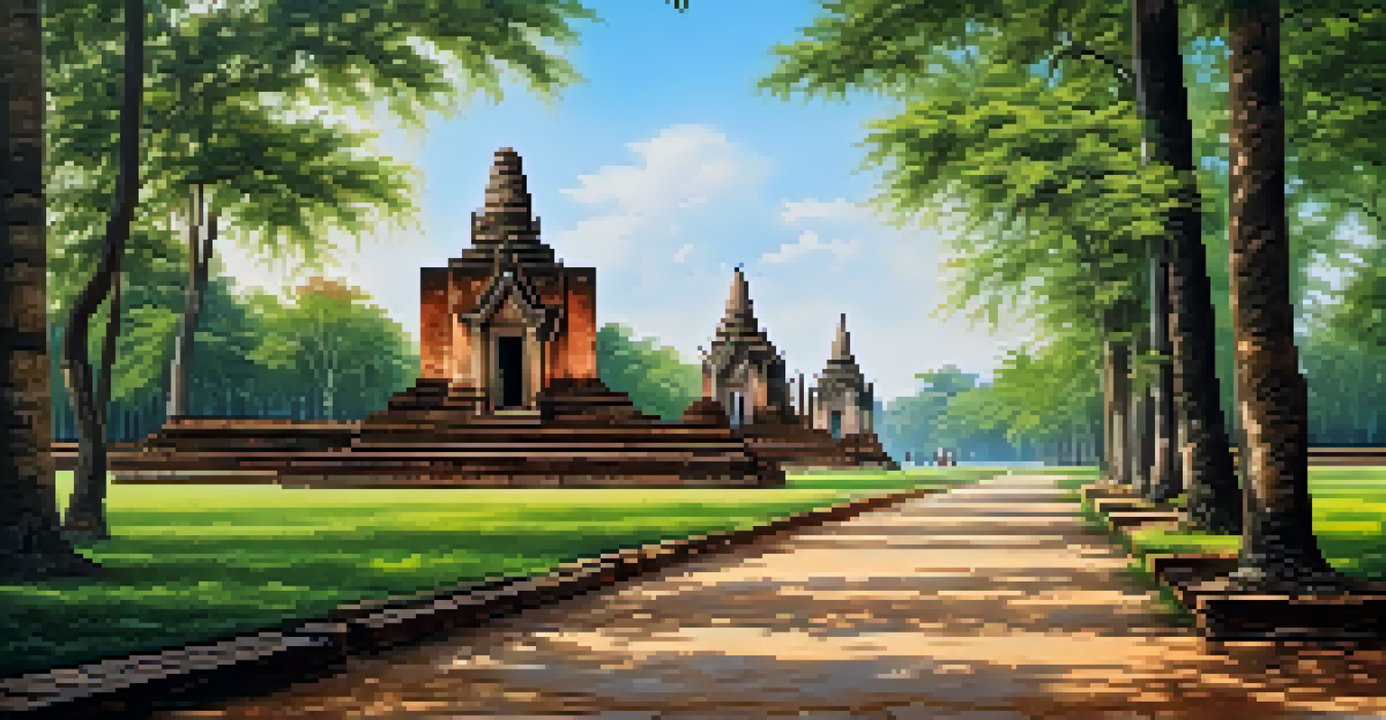A scenic pathway in Sukhothai Historical Park surrounded by ancient ruins and lush greenery.