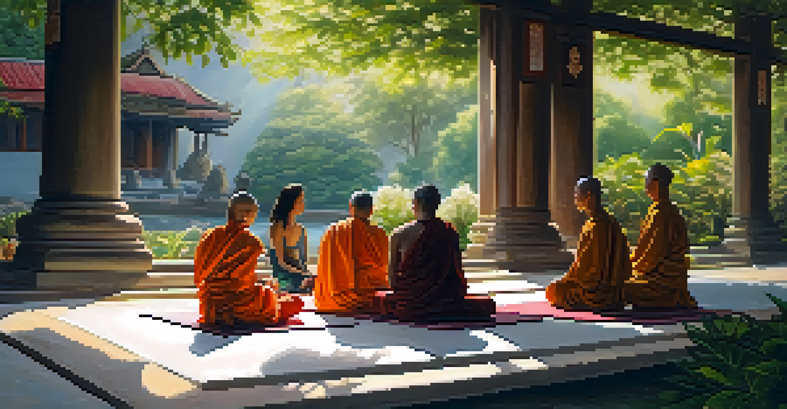 A peaceful meditation retreat at a Thai Buddhist temple, with a monk guiding tourists in a garden filled with flowers and dappled sunlight.