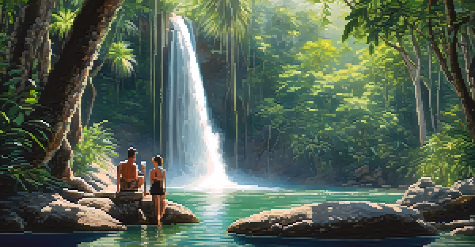 A couple at Na Muang Waterfalls in Koh Samui, swimming in a natural pool with lush greenery and a cascading waterfall.