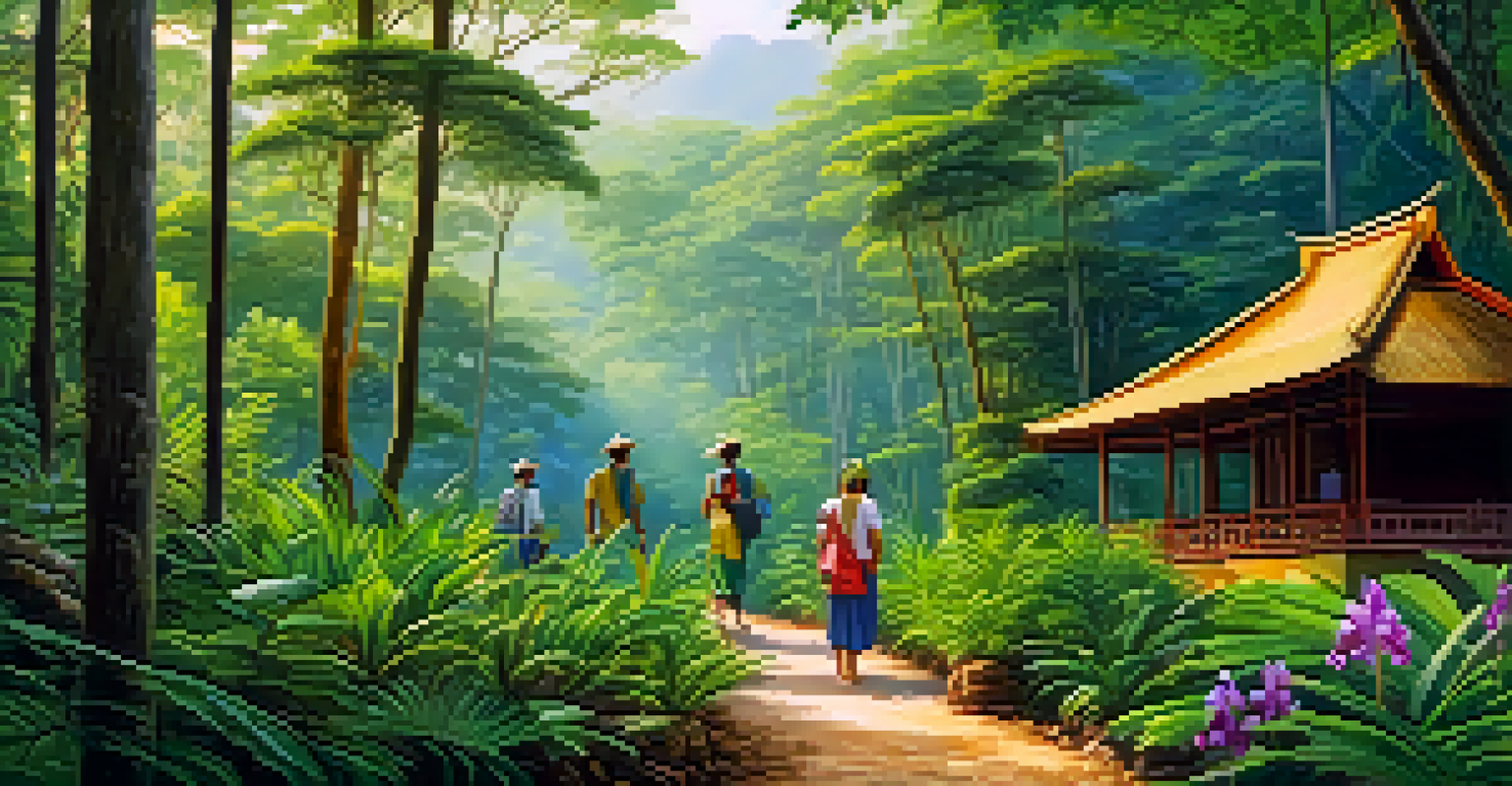 Local Karen villagers guiding tourists through a lush forest in Thailand, surrounded by vibrant plants and sunlight filtering through the trees.