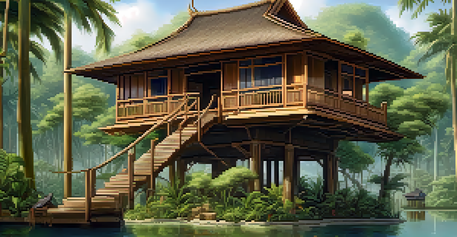 A traditional Thai house on stilts, made of wood and bamboo, surrounded by lush greenery and showcasing intricate carvings.