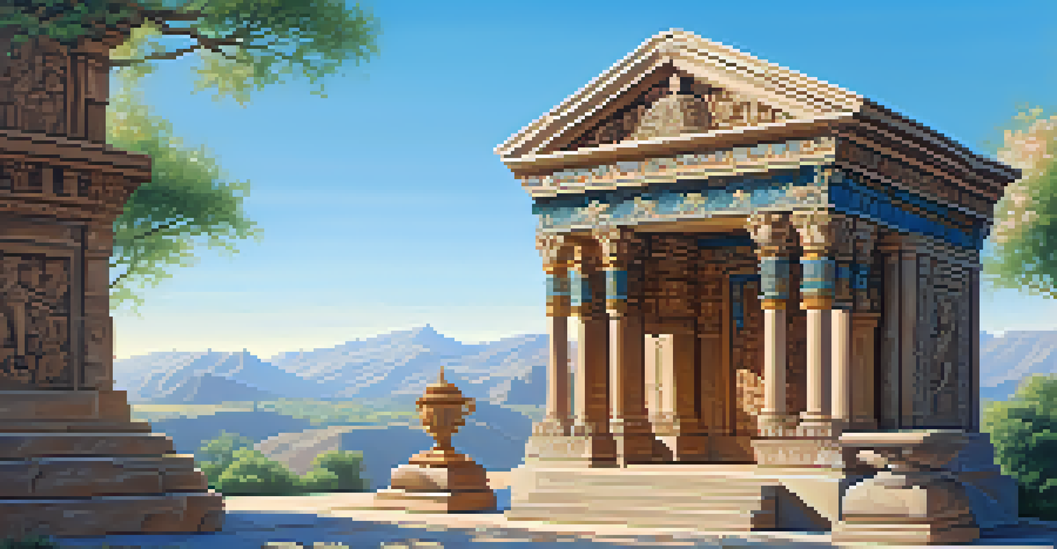 A stone shrine with intricate carvings and colorful flowers in the foreground under a clear blue sky.