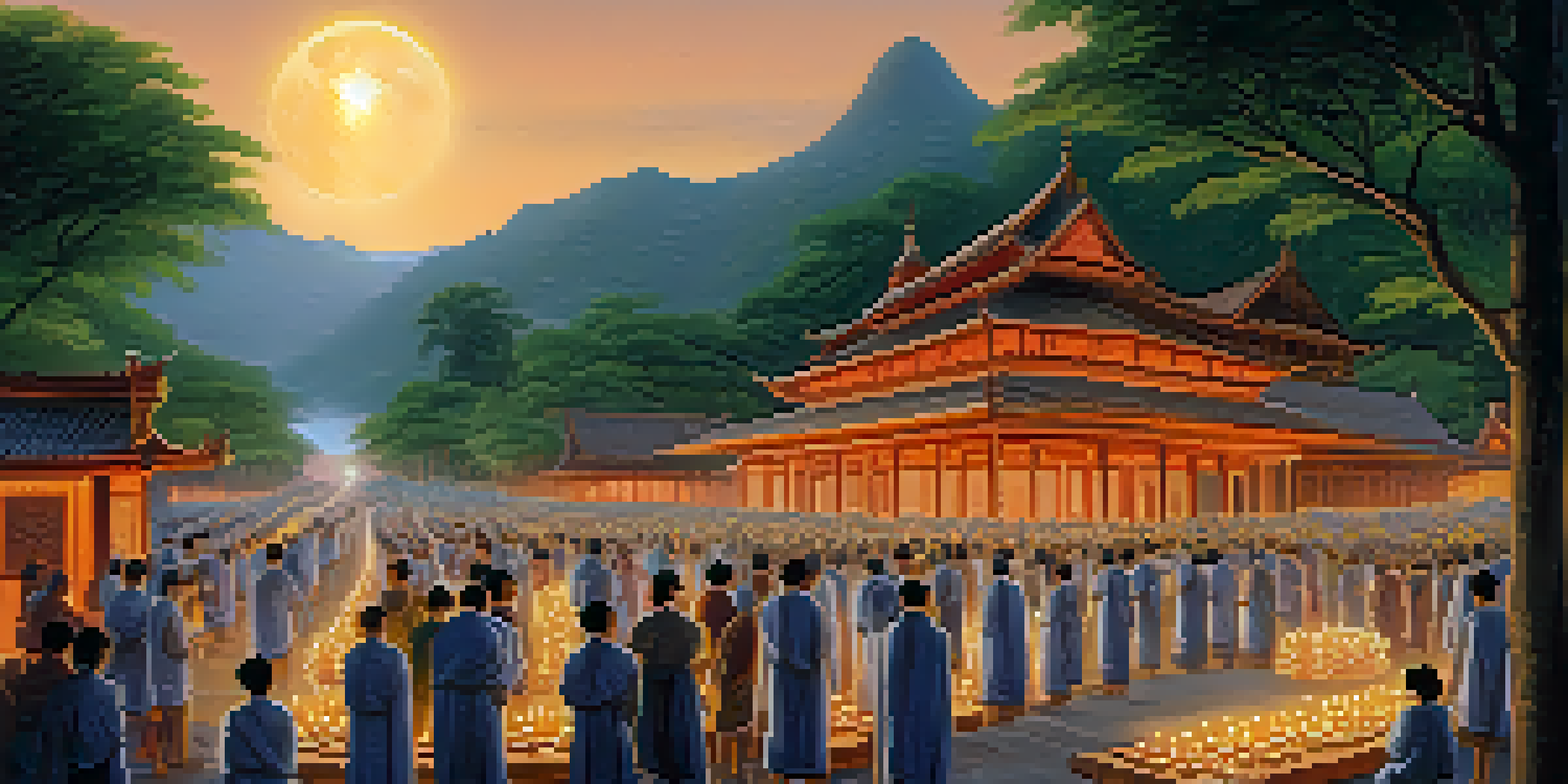 A peaceful candlelit procession at a Buddhist temple, with participants carrying candles and incense under a full moon, surrounded by lush greenery and glowing lanterns.