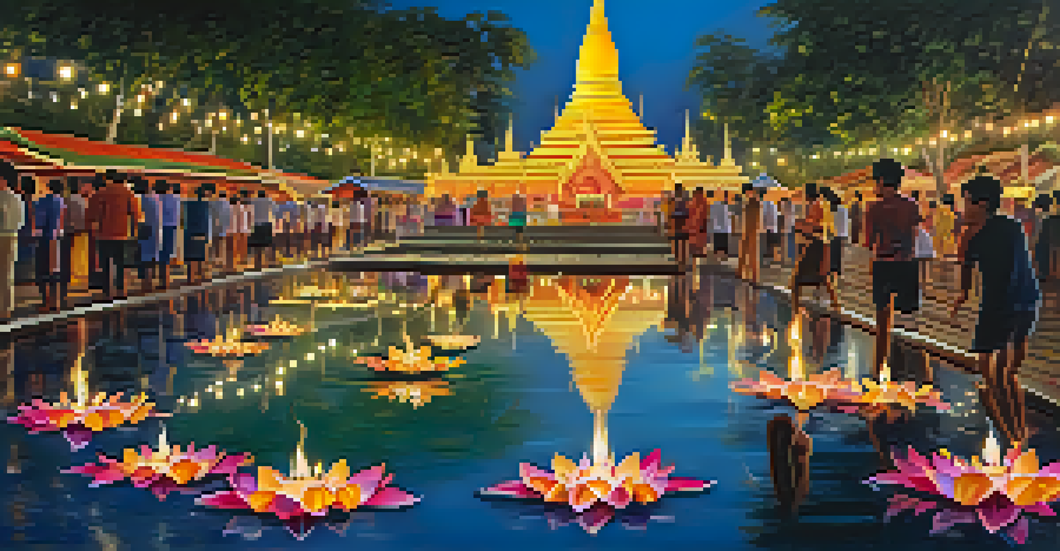 A lively Loy Krathong festival at a Thai Buddhist temple, with floating krathongs in a pond and colorful lights reflecting on the water.