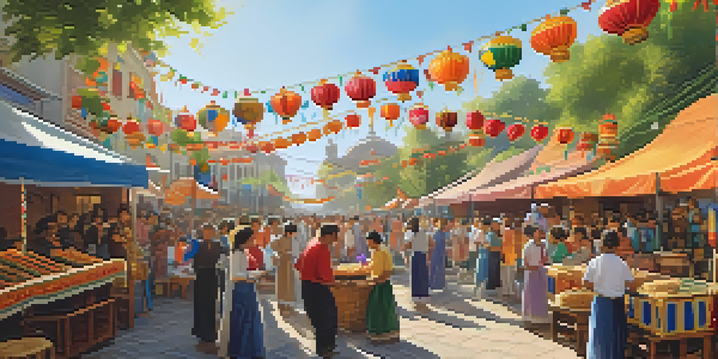 A colorful street festival with people dancing, food stalls, and musicians under warm sunlight.
