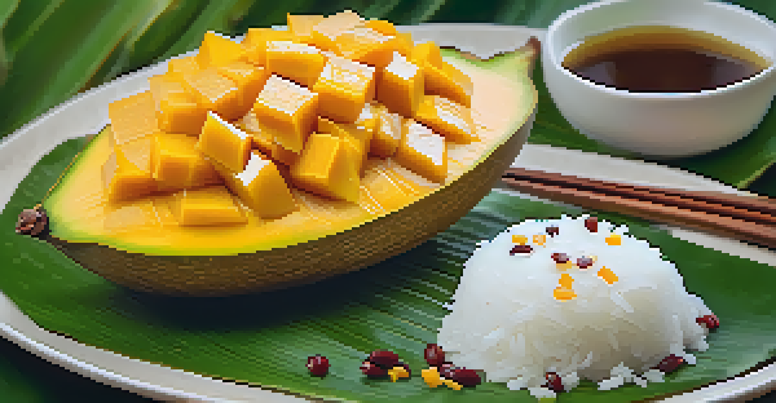 A close-up of mango sticky rice presented on a banana leaf, with ripe mango slices and sticky rice drizzled with coconut milk.