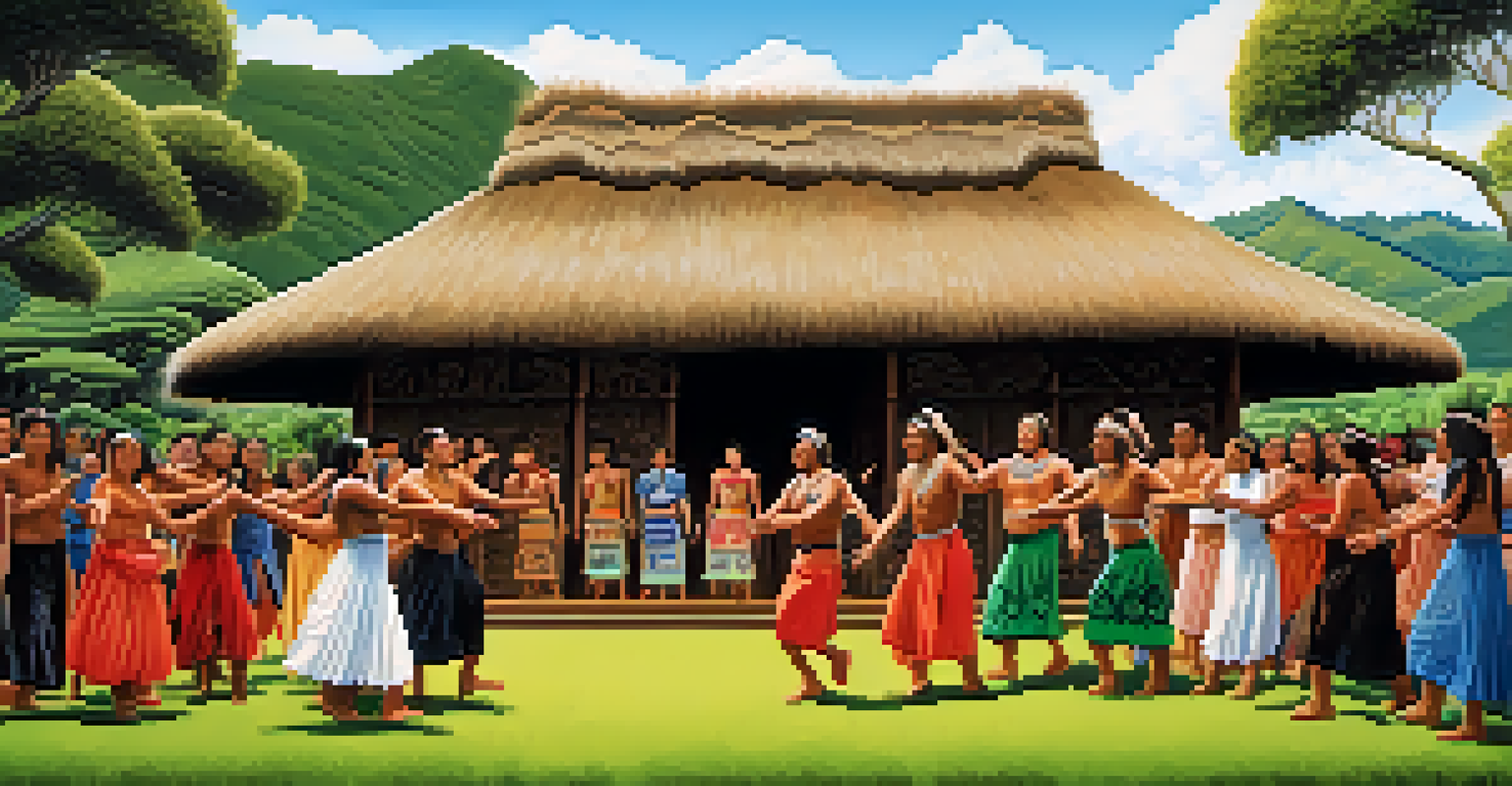 Tourists learning Maori dance from elders in a beautiful New Zealand landscape.