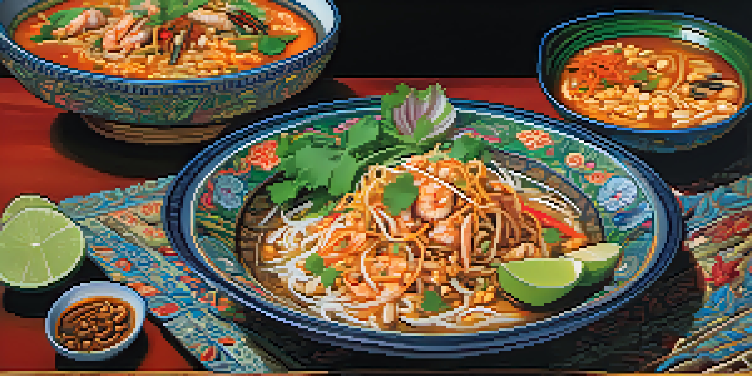 A colorful display of Thai dishes including Pad Thai, Tom Yum soup, and green papaya salad on a decorated table.