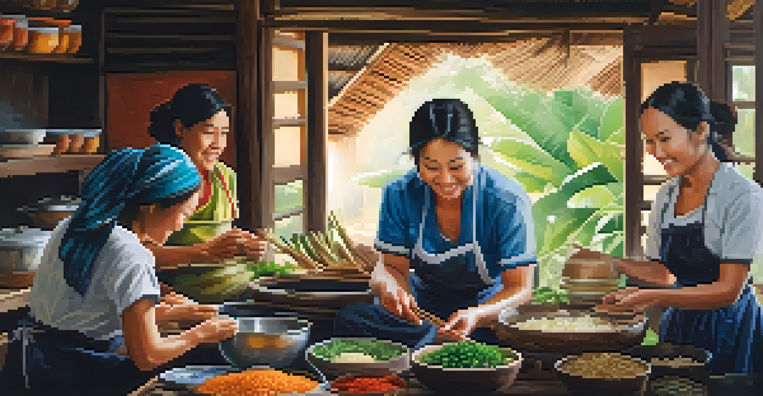 A volunteer learning to prepare traditional Thai cuisine with local women in a rustic kitchen, surrounded by fresh ingredients and cooking utensils.