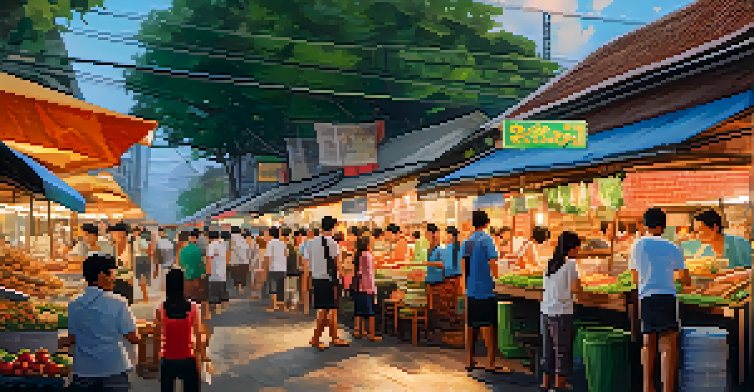 A lively Bangkok street food market with colorful stalls and bustling vendors, capturing the vibrant atmosphere of Thai culture.