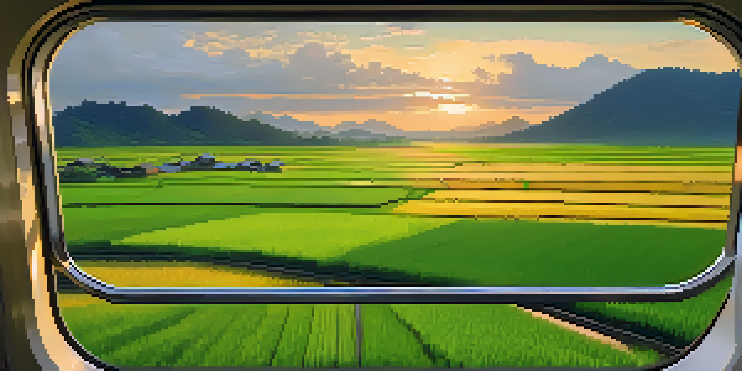 A view from a train window displaying Thailand's rice fields and hills during sunrise, with the train's window frame in the foreground.