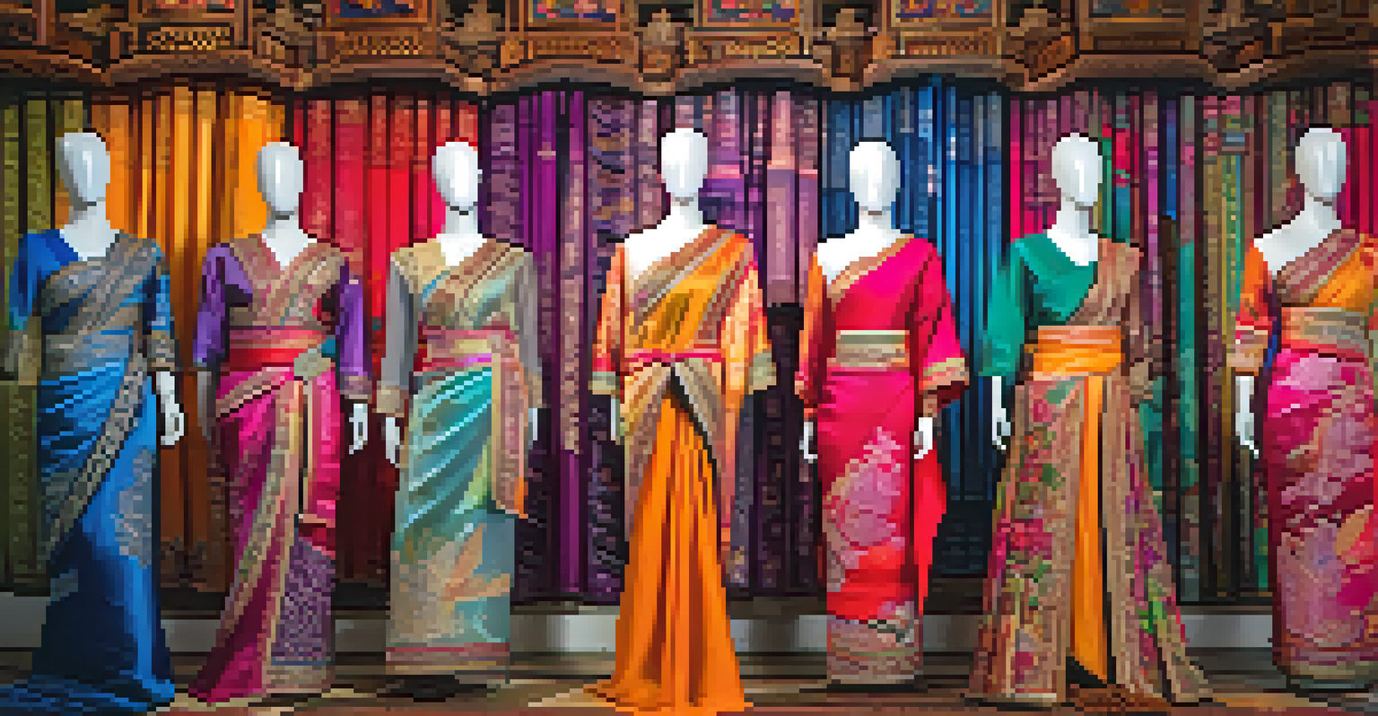 A display of finished Thai silk garments in vibrant colors and intricate patterns, set against a backdrop of traditional Thai elements.