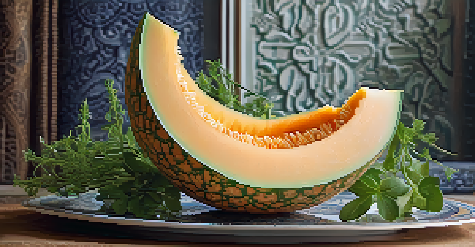 A close-up of an intricately carved cantaloupe on a decorative plate, surrounded by herbs and flowers.