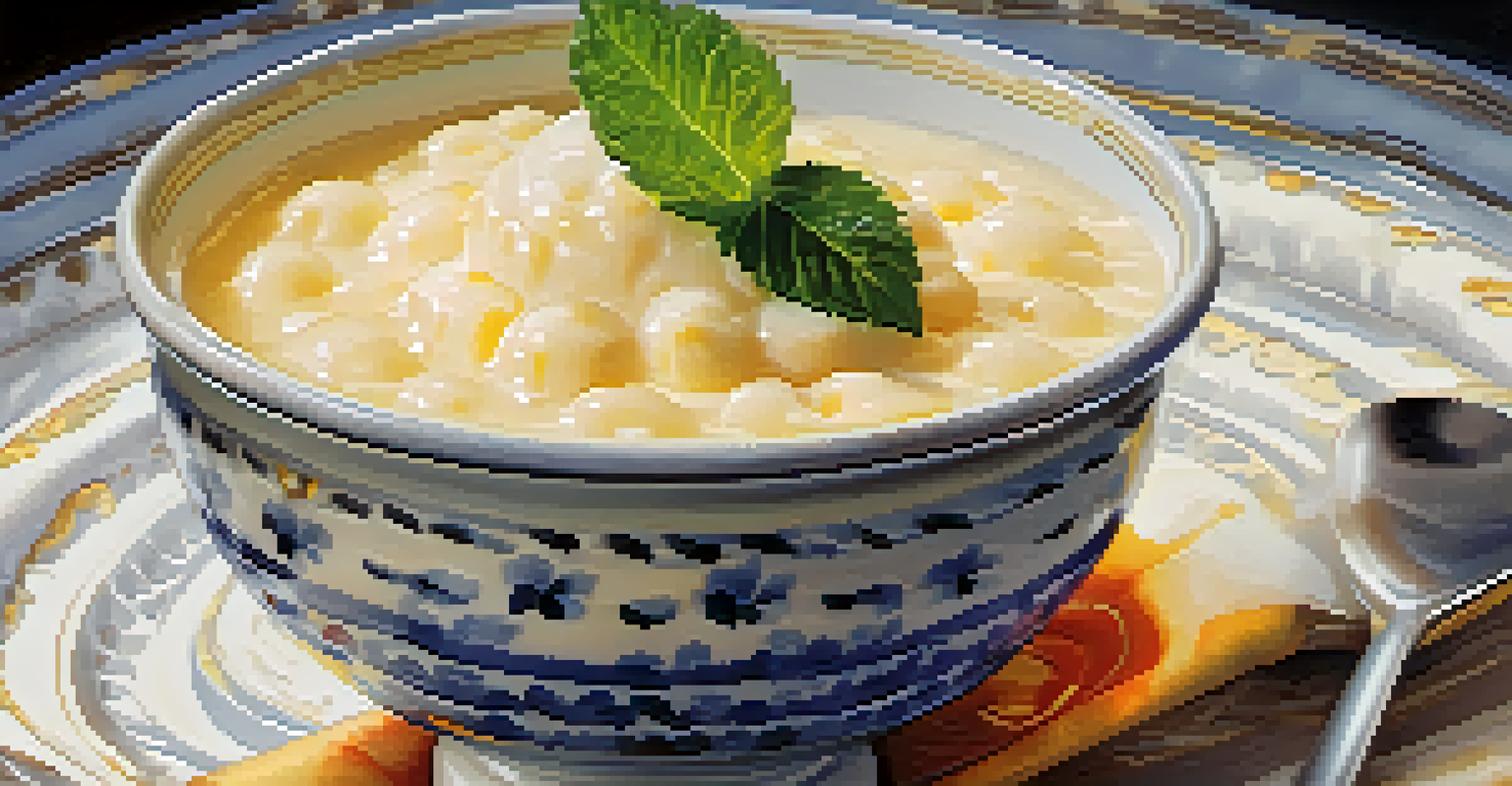 A bowl of Tapioca Pudding with coconut cream and mint leaves.
