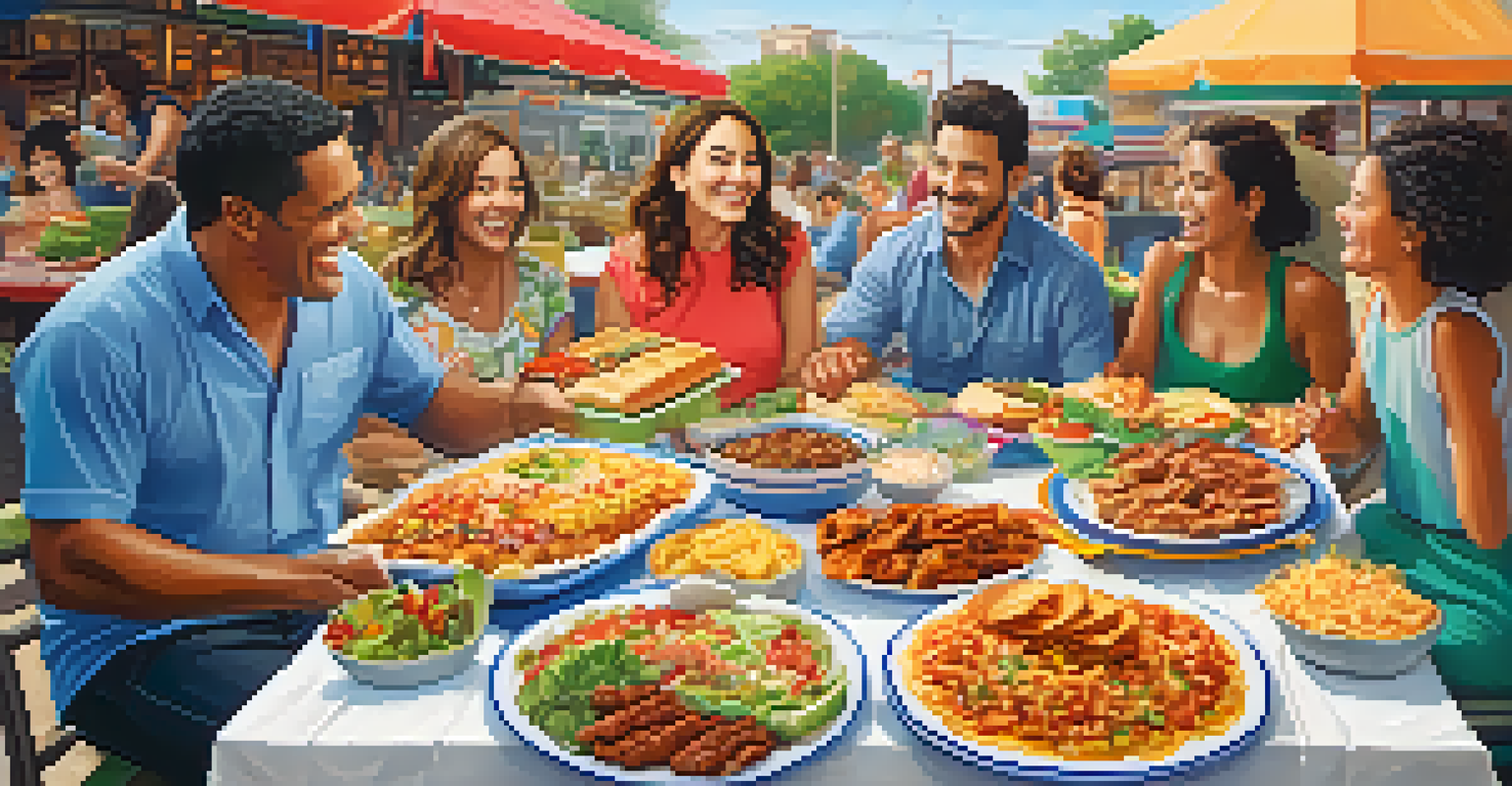 A joyful family enjoying a diverse array of international dishes at an outdoor market, highlighting their togetherness and culinary exploration.