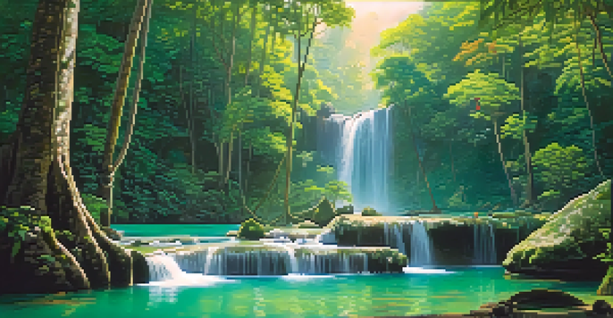 A tranquil scene of Erawan Falls with multi-tiered waterfalls flowing into green ponds, surrounded by vibrant foliage and dappled sunlight.