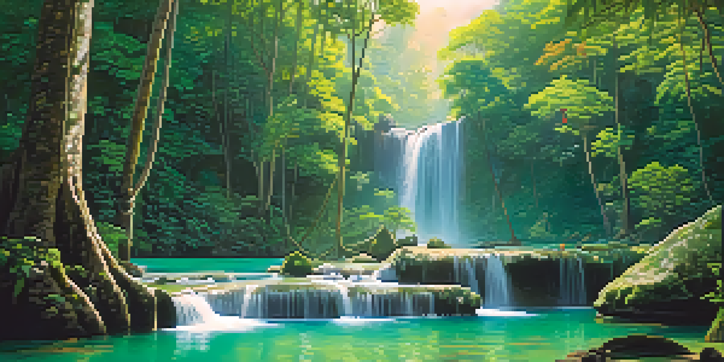 A tranquil scene of Erawan Falls with multi-tiered waterfalls flowing into green ponds, surrounded by vibrant foliage and dappled sunlight.