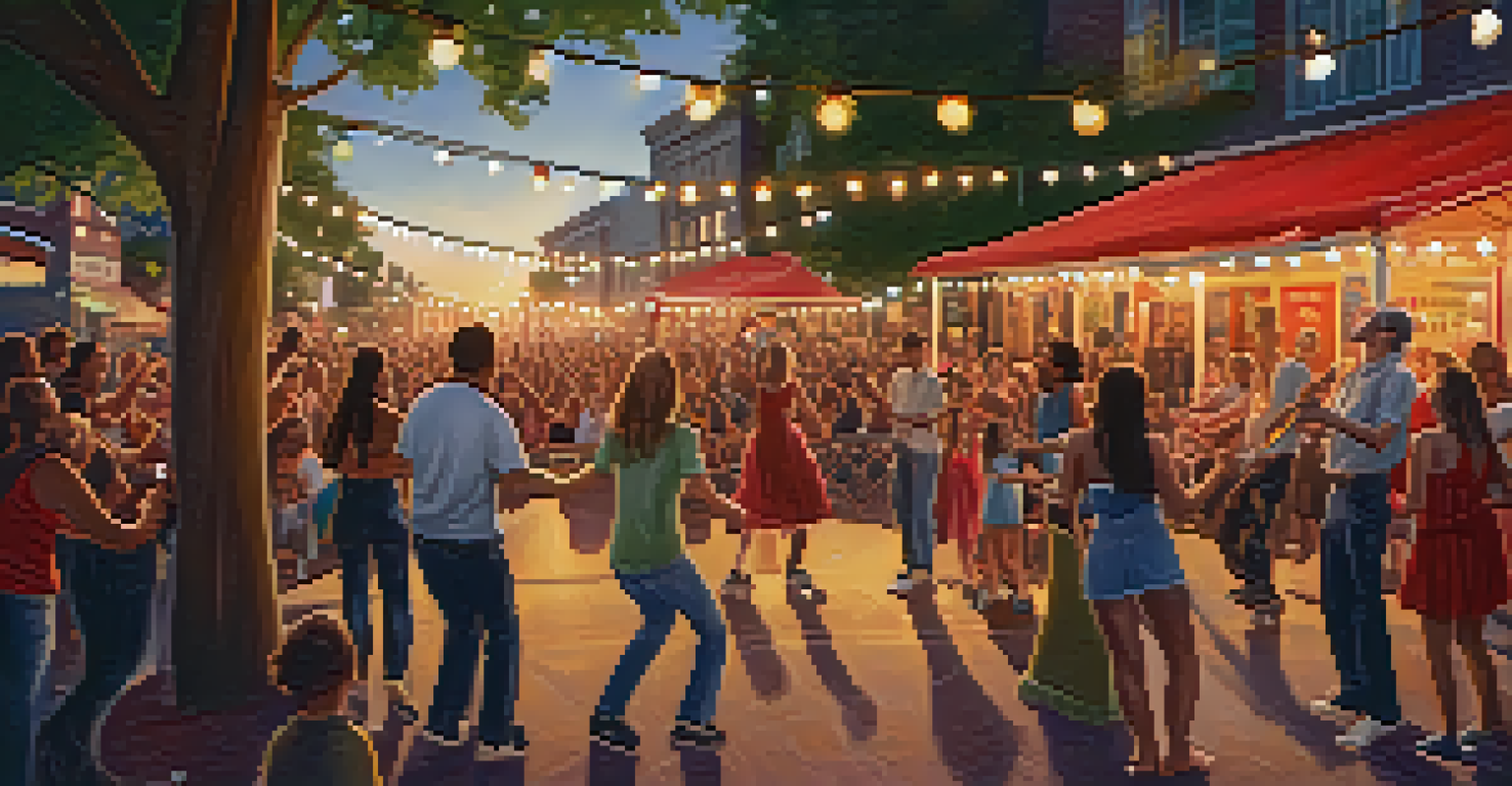 A local band performing at a street fair, with an enthusiastic audience dancing and enjoying the music under twinkling lights.