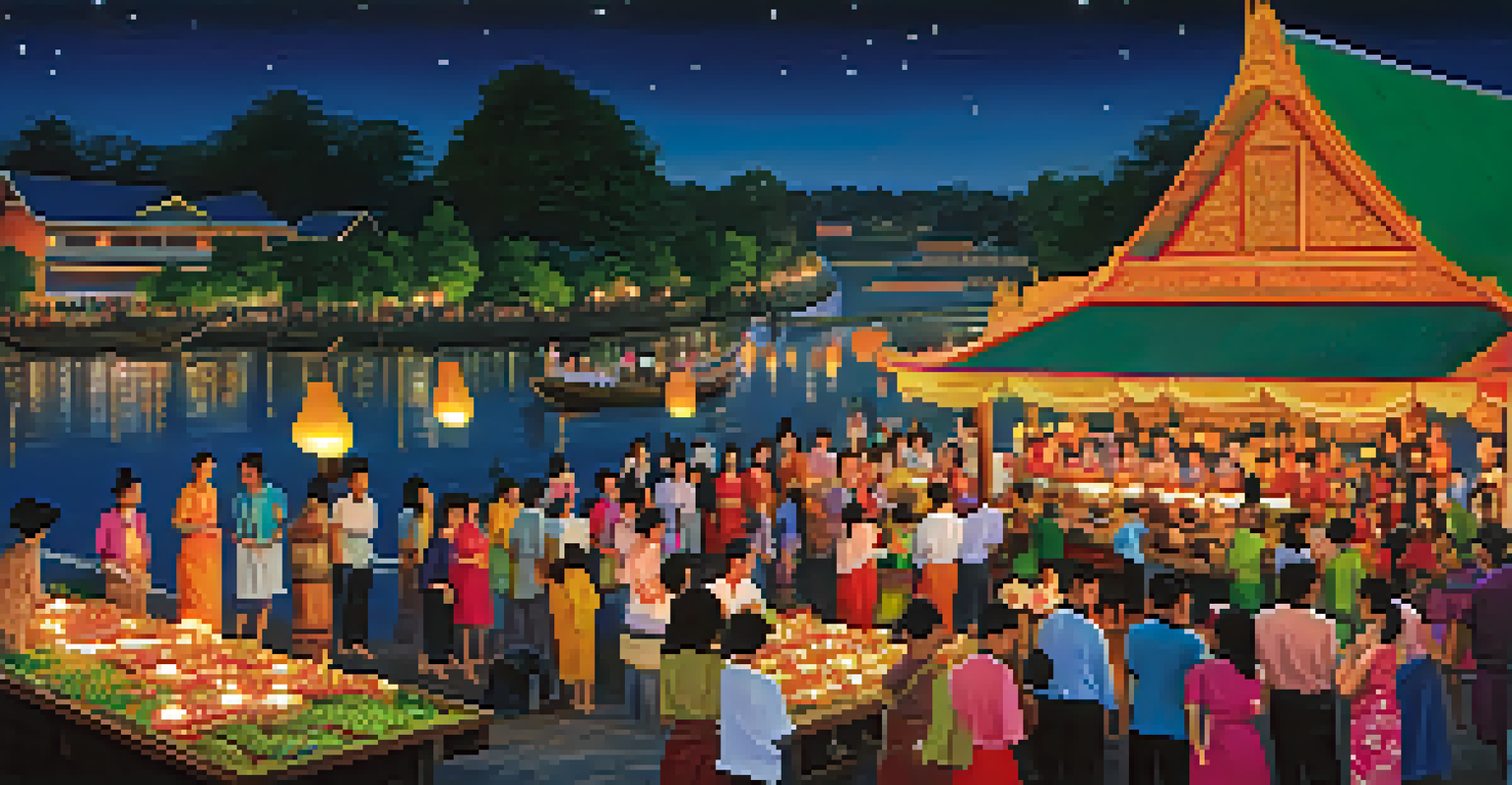 A lively street scene of families crafting krathongs and enjoying food during the Loy Krathong festival.