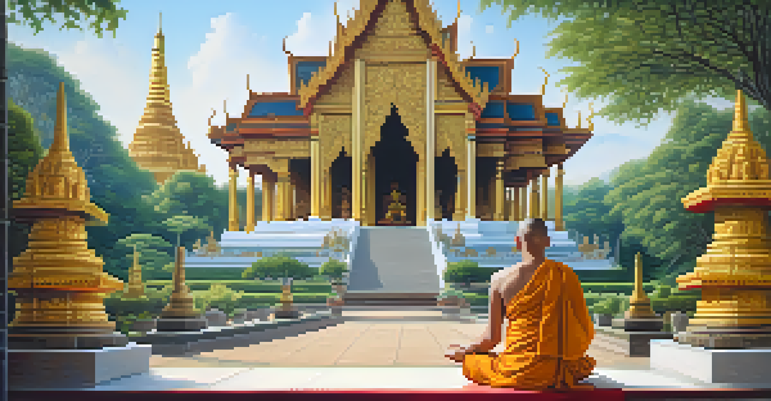 An intricate Thai temple with golden stupas and colorful murals, featuring a monk meditating in a peaceful garden bathed in soft afternoon light.