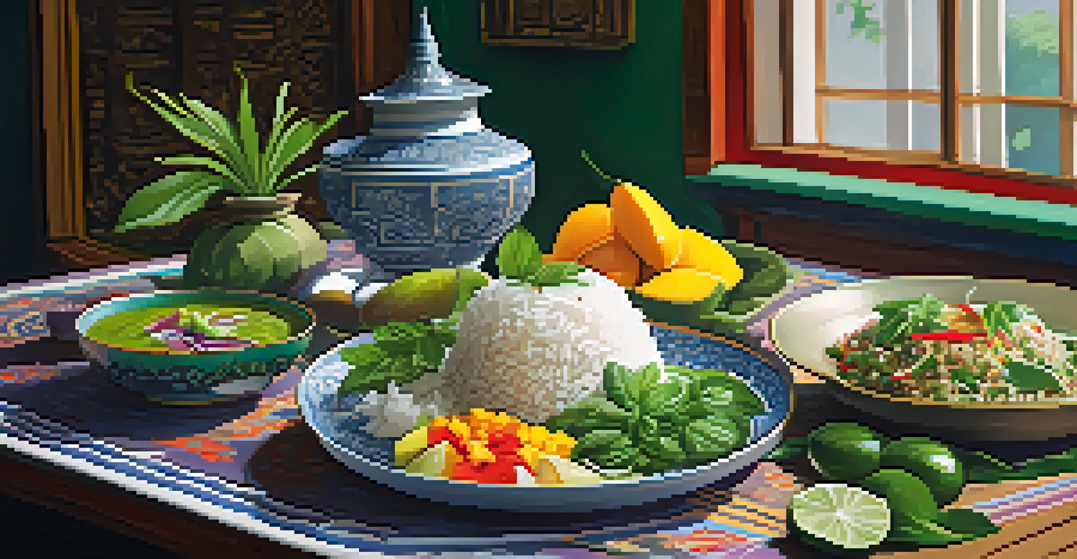 A beautifully arranged table featuring traditional Thai dishes like green curry, sticky rice with mango, and Som Tum salad, enhanced by fresh herbs and flowers.