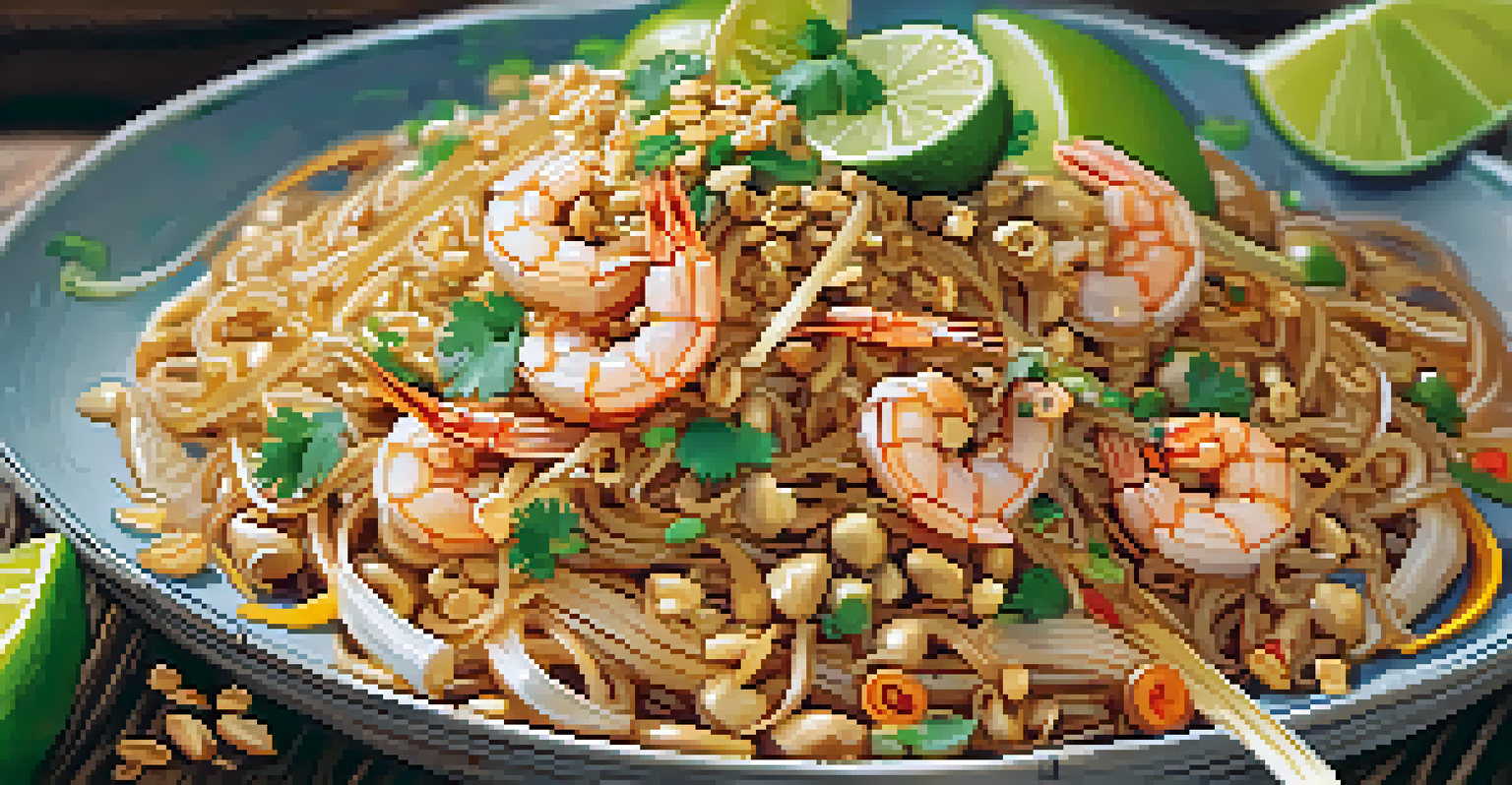 A close-up of a plated Pad Thai dish with shrimp and tofu, garnished with bean sprouts and lime on a wooden table.