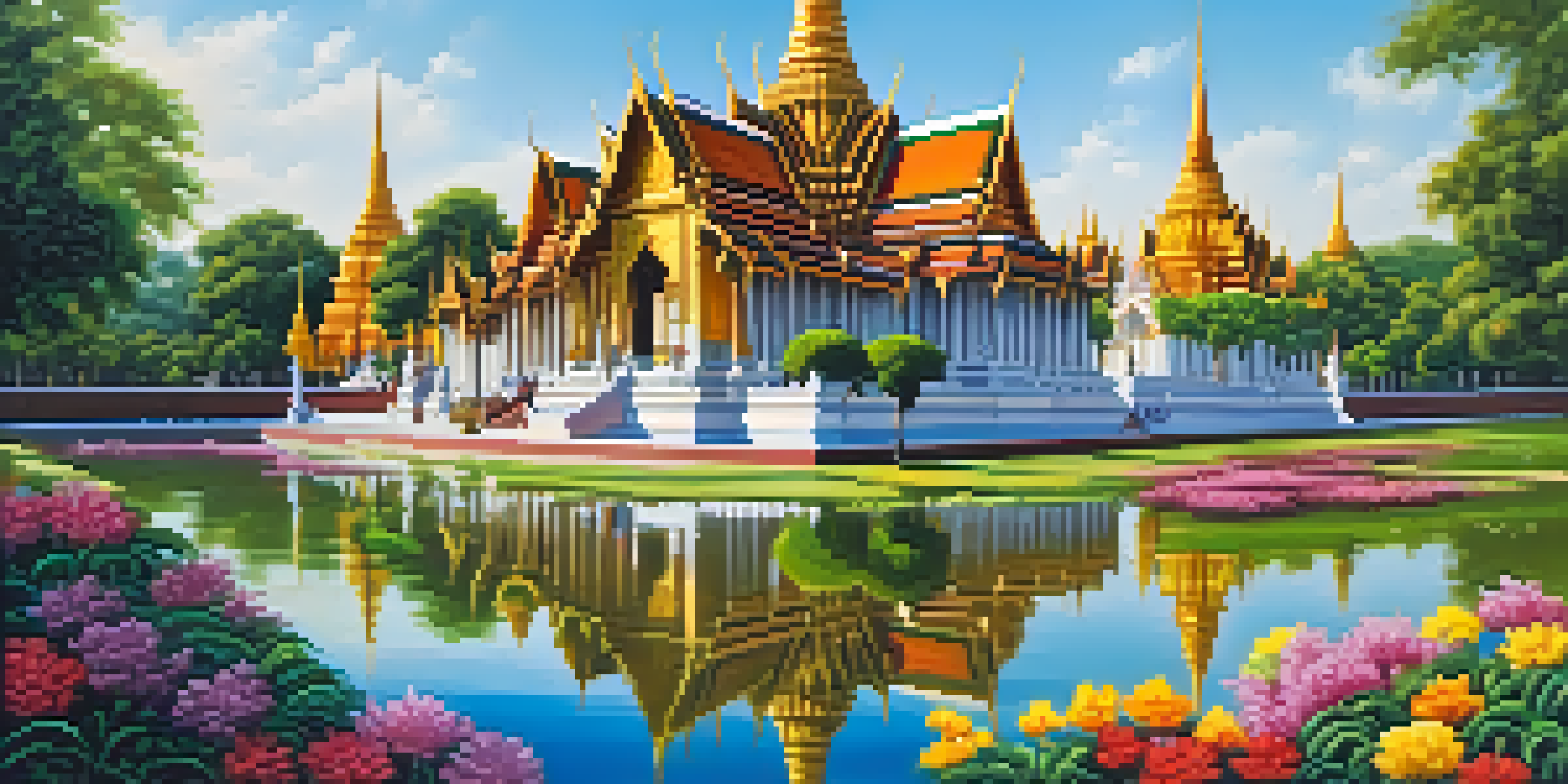 A traditional Thai temple with golden stupas and lush gardens, under a clear blue sky.