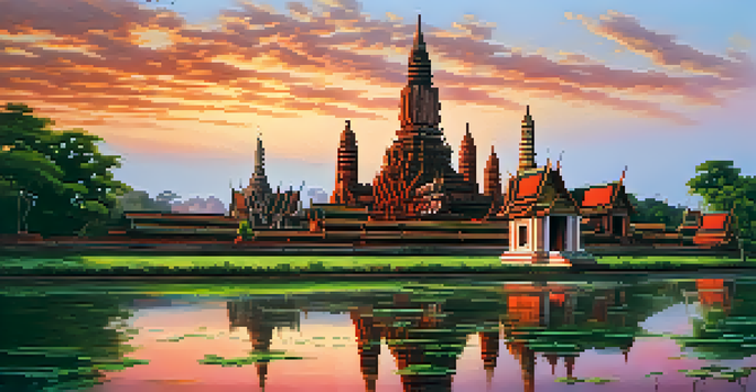 A panoramic view of Wat Chaiwatthanaram temple at sunrise with vibrant sky colors and lush greenery.