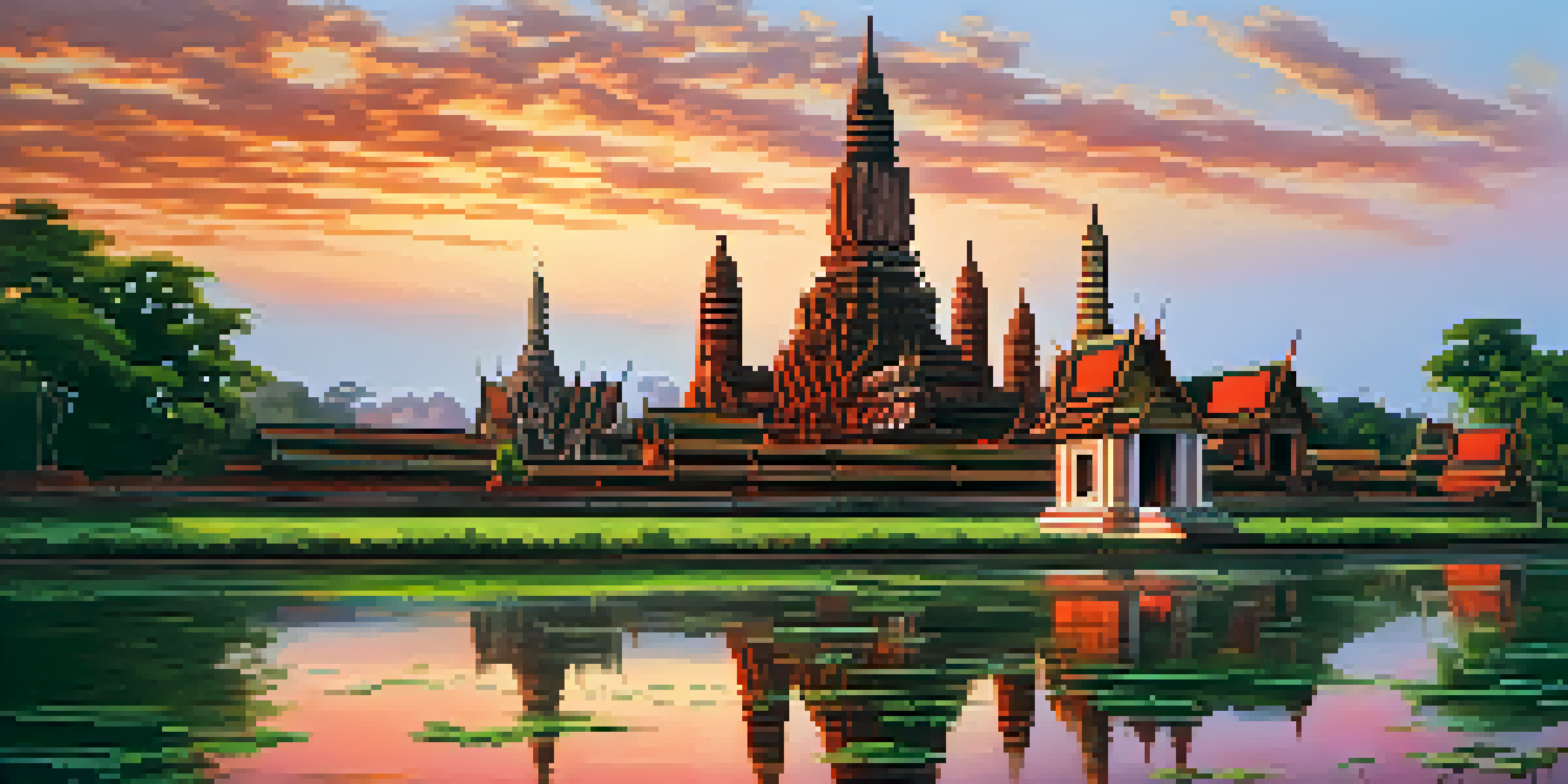 A panoramic view of Wat Chaiwatthanaram temple at sunrise with vibrant sky colors and lush greenery.