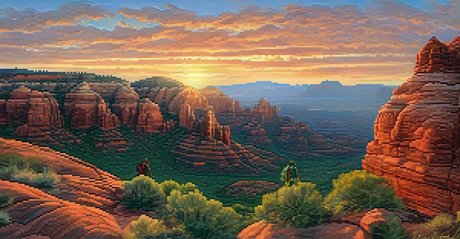 A stunning sunrise in Sedona with red rock formations, hikers exploring, and a person practicing yoga on a scenic overlook.