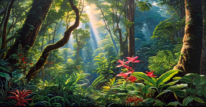 A lush tropical rainforest in Thailand filled with diverse plants and sunlight filtering through the trees, with birds perched on the branches.