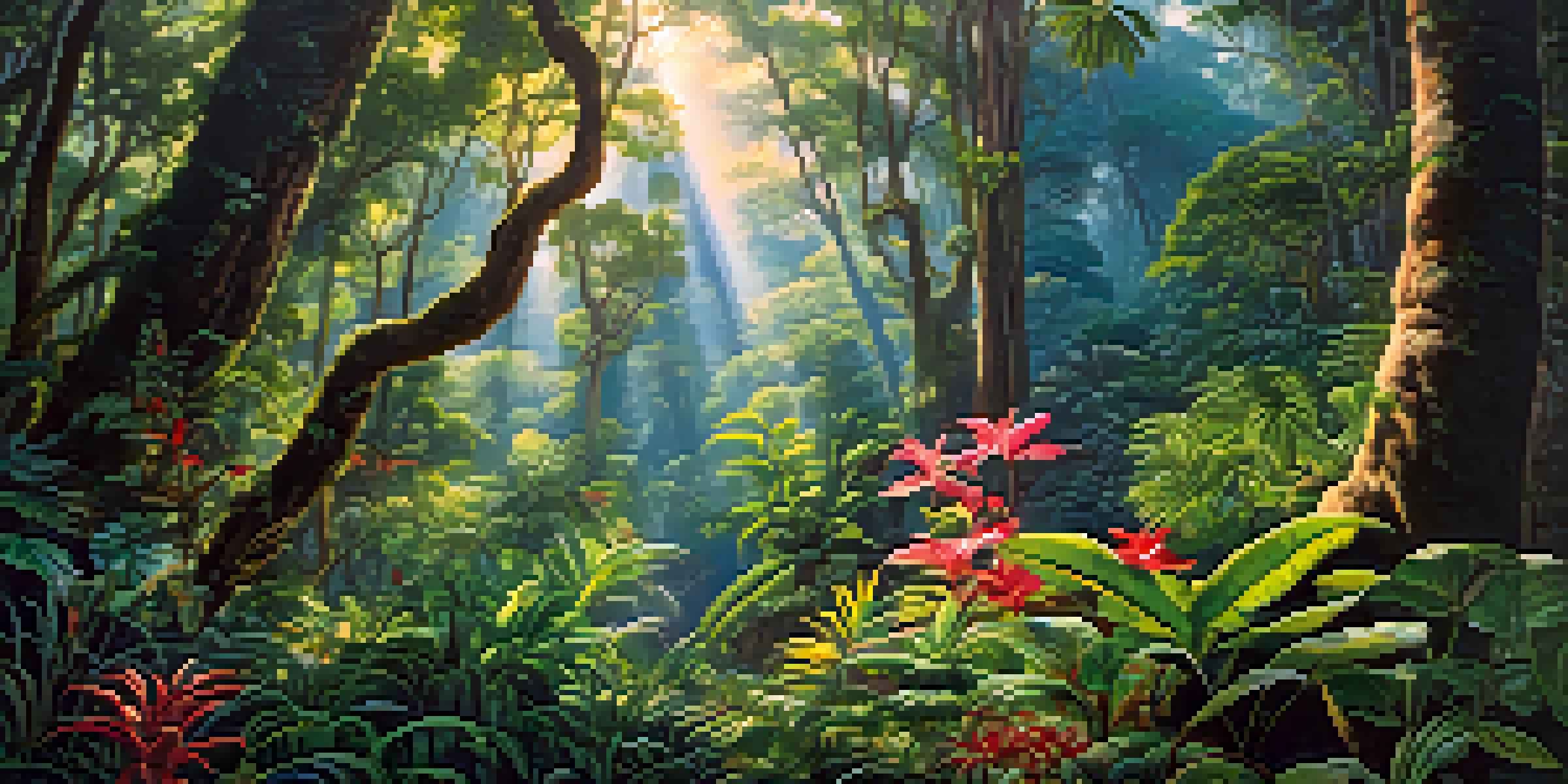 A lush tropical rainforest in Thailand filled with diverse plants and sunlight filtering through the trees, with birds perched on the branches.