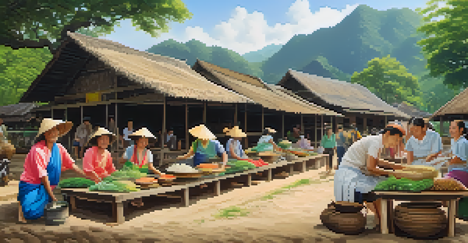 A traditional Thai village scene with locals engaging in sustainable tourism practices, showcasing crafts and cooking amidst lush landscapes and mountains.