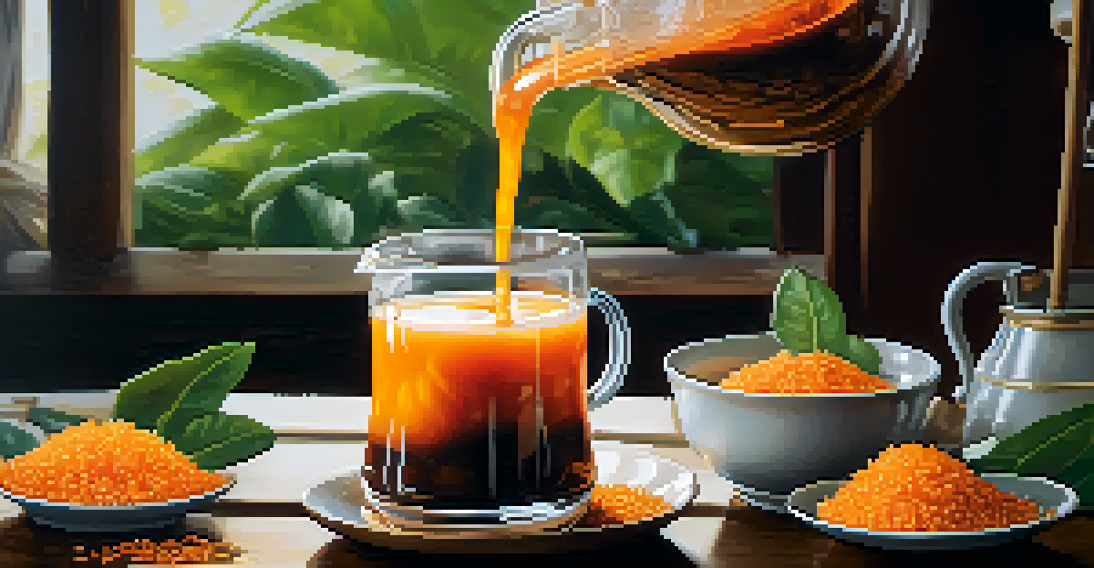 A close-up view of preparing Thai iced tea with tea leaves, sugar, and condensed milk over ice.